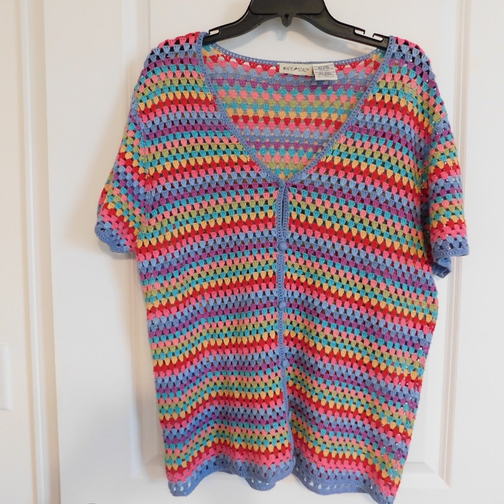 Vintage Y2K Crochet Rainbow Knit Button Front Short Sleeve Cardigan Women XL 16